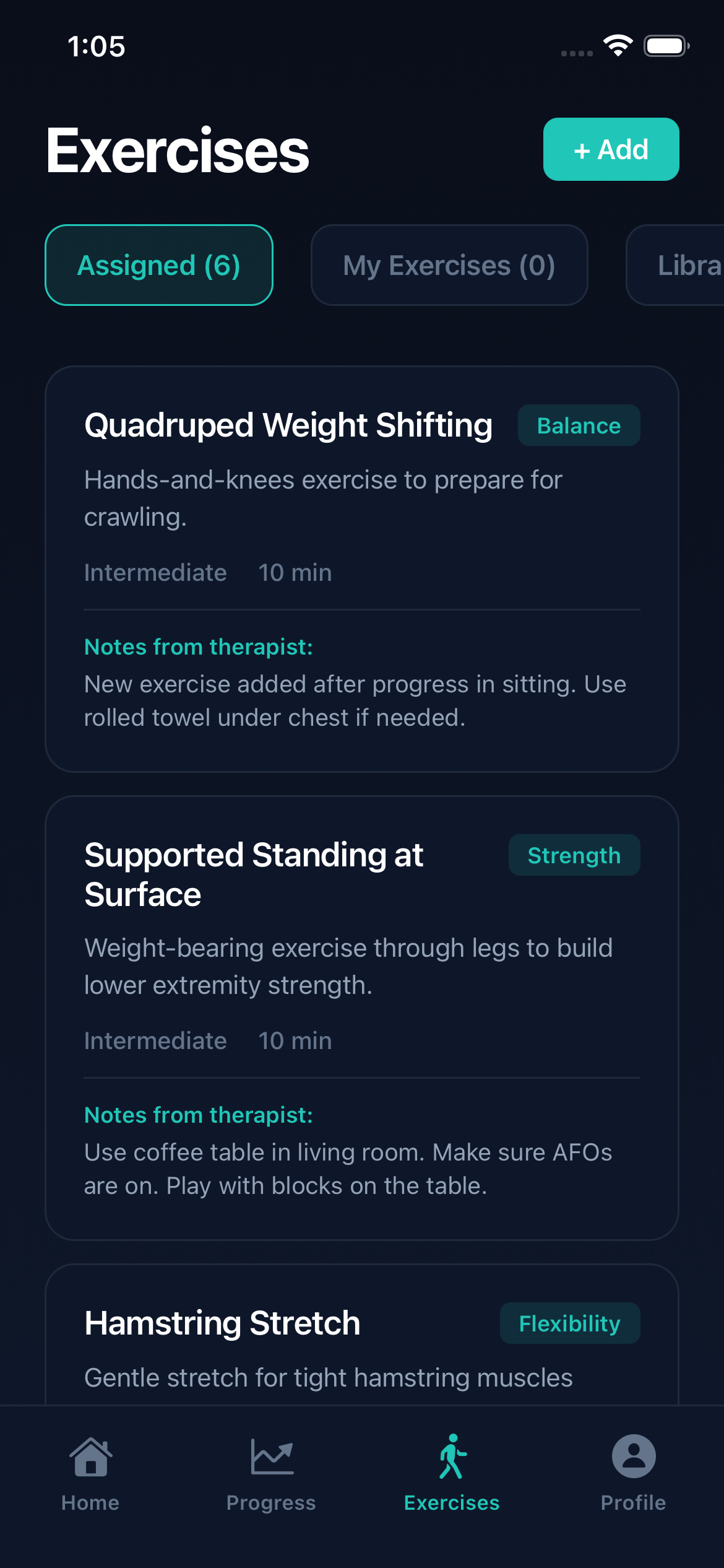 Exercise library showing categorized exercises with therapist notes