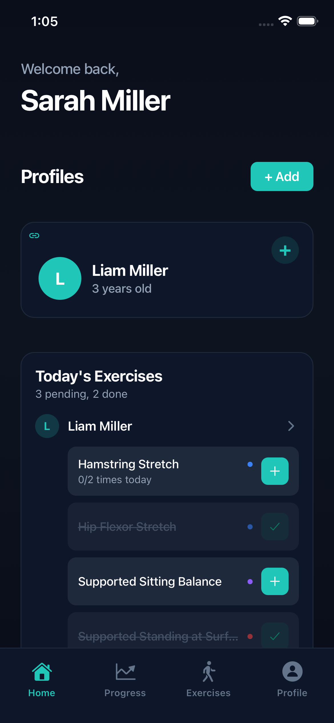 SuloMotion app home screen showing exercise tracking